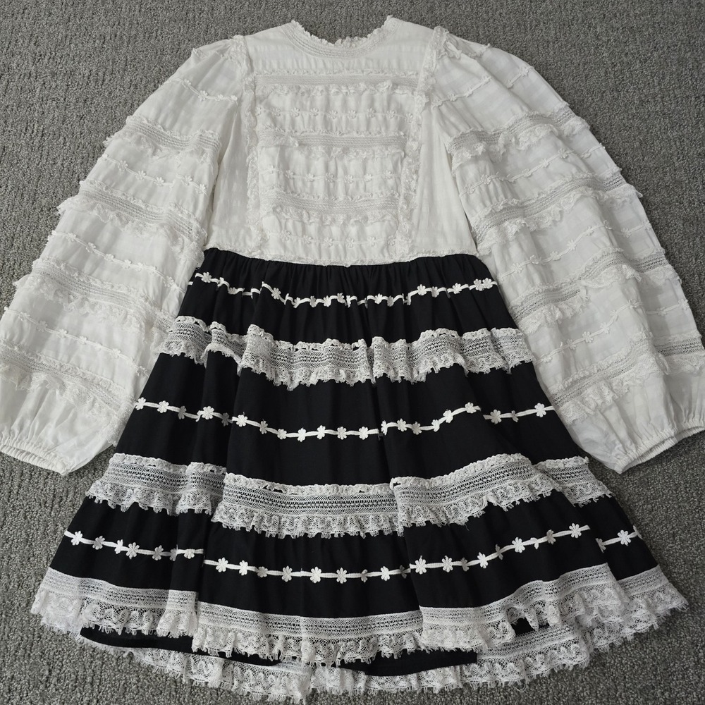 Ulla Johnson Amour 6 Black White Lace Ruffle Dress Puff Sleeve Romantic Boho